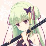  1girl armpit_crease bare_shoulders blunt_bangs butterfly_hair_ornament close-up closed_mouth commentary criss-cross_halter eyelashes gattino_mao green_hair hair_ornament hair_ribbon halterneck hands_up hime_cut holding holding_sword holding_weapon katana light_blush long_hair looking_down murasame_(senren) pink_background purple_ribbon red_eyes ribbon senren_banka short_hair simple_background smile solo sword two_side_up weapon 