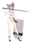  1girl bikini black_footwear breasts eyepatch floating_headgear full_body headgear high_heels highres holding holding_sword holding_weapon kantai_collection large_breasts navel neve_(morris-minicooper) off_shoulder over_shoulder purple_hair short_hair solo standing swimsuit sword tenryuu_(kancolle) weapon weapon_over_shoulder white_background white_bikini yellow_eyes 