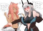  2girls animal_ear_fluff animal_ears arknights barcode barcode_tattoo bare_shoulders black_jacket breasts clenched_hand closed_eyes commentary dokonjou_(odossan) gravel_(arknights) grey_hair hair_censor jacket long_hair looking_at_viewer medium_breasts mudrock_(arknights) multiple_girls navel off_shoulder open_mouth pink_hair pointy_ears red_eyes simple_background speech_bubble sports_bra stomach tattoo topless very_long_hair white_background 