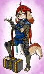  anthro brown_body brown_fur canid female fur hair halloweek hammer hi_res mammal markings mole_(marking) paprika_harness_(ziegelzeig) pink_eyes red_hair solo tools ziegelzeig 