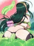  1girl anal armor ass bikini_armor black_panties blurry blurry_background blush breasts cross-section day forest from_behind girl_on_top green_hair highres long_hair mountainous_horizon nature null_(nyanpyoun) outdoors panties restrained slime_(creature) straddling sweat sweatdrop tentacle_sex tentacles thighs tongue tongue_out torn_clothes torn_panties touhoku_zunko underwear voiceroid 
