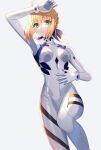  1girl absurdres ahoge arm_up artoria_pendragon_(fate) ayanami_rei ayanami_rei_(cosplay) blonde_hair blue_ribbon bodysuit braid breasts commentary_request cosplay fate/grand_order fate_(series) french_braid fuyuki_(neigedhiver) green_eyes hair_between_eyes hair_bun hair_ribbon hand_on_own_forehead hand_on_own_stomach highres looking_at_viewer medium_breasts neon_genesis_evangelion parted_lips pilot_suit plugsuit ribbon saber short_hair sidelocks simple_background skin_tight small_breasts solo thighs white_background white_bodysuit 