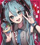  1girl 39 ahoge aqua_eyes aqua_hair blue_necktie blush cupcake food grey_shirt hatsune_miku heart highres long_hair looking_at_viewer miku_day necktie open_mouth pink_background shirt sleeveless sleeveless_shirt smile solo teeth twintails v vocaloid xx_yun_ooo 