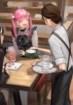  3girls :d absurdres blush chair choker closed_eyes douryou_(buta5813) feet_out_of_frame food glass highres hinamizawa_hinami holding holding_tray indoors jirai_kei multiple_girls original pink_hair restaurant sitting smile sushi table tetto_(onnoveltet) tray twintails waitress 