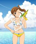  1girl bikini blue_ribbon blue_sky blush bow breasts brown_eyes brown_hair cloud collarbone contrail day dot_nose futami_mami grin hair_bow hair_ribbon hand_on_own_hip hand_up highres holding holding_water_gun idolmaster idolmaster_(classic) idolmaster_million_live! idolmaster_million_live!_theater_days looking_at_viewer medium_breasts midriff multicolored_bikini multicolored_clothes nabe ocean one_eye_closed ribbon see-through shirt short_hair side_ponytail sky sleeves_rolled_up smile solo striped striped_bikini swimsuit the_end_of_chun tied_shirt v-shaped_eyebrows water_gun wet wet_clothes wet_hair wet_shirt white_shirt 