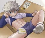  abs black_shirt black_shorts blue_eyes box clothes_lift happy_birthday hunter_x_hunter killua_zoldyck looking_at_viewer lying muscular muscular_male navel nipples on_back risukoyama shirt shirt_lift short_hair shorts smile spiked_hair white_hair white_shirt 