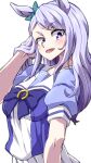  1girl animal_ears aono3 blue_bow bow bowtie commentary ear_bow hand_in_own_hair highres horse_ears horse_girl horseshoe_ornament long_hair looking_at_viewer mejiro_mcqueen_(umamusume) open_mouth pleated_skirt puffy_short_sleeves puffy_sleeves purple_bow purple_bowtie purple_eyes purple_hair purple_shirt sailor_collar school_uniform serafuku shirt short_sleeves simple_background skirt smile solo standing tracen_school_uniform umamusume white_background white_sailor_collar white_skirt 
