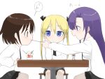  3girls blonde_hair blue_eyes blush brown_hair feeding fusuma_(suwaru_boom) goshiki_agiri hair_ribbon highres kill_me_baby long_hair long_sleeves multiple_girls necktie open_mouth oribe_yasuna purple_eyes purple_hair ribbon school_uniform shirt short_hair skirt sonya_(kill_me_baby) twintails 