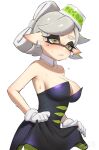  1girl armpits black_dress clothes_lift detached_collar dress dress_lift earrings eye_mask frown gloves hat highres idol jewelry lifted_by_self marie_(splatoon) medium_hair pointy_ears puchiman simple_background solo splatoon_(series) splatoon_1 sweat tentacle_hair white_background white_gloves white_hair yellow_eyes 