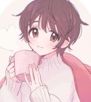  1girl blush brown_hair cup holding holding_cup idolmaster idolmaster_cinderella_girls light_smile looking_at_viewer machiko_(beard) mug oikawa_shizuku short_hair solo sweater white_sweater 