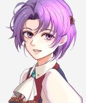  1girl brooch curtained_hair eiyuu_densetsu hair_ornament hairpin highres jewelry kloe_rinz looking_at_viewer open_mouth portrait purple_eyes purple_hair riwancece_428 short_hair simple_background smile solo sora_no_kiseki upper_body white_background 