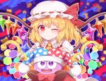  1girl ascot blonde_hair blush closed_mouth collared_shirt crossover crystal flandre_scarlet frilled_shirt_collar frills hair_between_eyes hat highres kaoling kirby&#039;s_dream_land kirby_(series) long_hair marx_(kirby) mob_cap one_eye_closed red_eyes red_skirt red_vest shirt side_ponytail skirt smile touhou upper_body vest white_headwear white_shirt wings yellow_ascot 