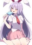  1girl absurdres animal_ears barefoot blush collared_shirt food highres holding holding_food long_hair necktie open_mouth pink_skirt pleated_skirt popsicle puffy_short_sleeves puffy_sleeves purple_hair rabbit_ears red_eyes red_necktie reisen_udongein_inaba shirt short_sleeves simple_background sitting skirt solo touhou tsukimirin wariza white_background white_shirt 