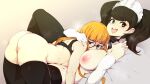  2girls :d absurdres ass black_eyes black_hair breasts commentary english_commentary highres kawakami_sadayo large_breasts long_hair looking_at_viewer maid maid_headdress multiple_girls nipples orange_hair persona persona_5 sakura_futaba short_hair slugbox smile sparkling_eyes thighhighs yuri 