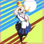  2015 anthro blanca-d blonde_hair breasts clothing digital_media_(artwork) female gesture hair hat headgear headwear mammal marine on_one_leg open_mouth pinniped sailor_uniform salute seal simple_background slightly_chubby smile solo standing transformania_time 