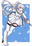  1girl absurdres bakuma blue_background blue_eyes boots dress earrings frilled_dress frills highres holding holding_sword holding_weapon jewelry long_hair miniskirt multicolored_background myrtenaster ponytail rwby scar scar_across_eye skirt snowflake_background snowflakes solo sword thigh_boots tiara weapon weiss_schnee white_background white_dress white_footwear white_hair zettai_ryouiki 
