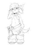  5_fingers anthro bandanna belt black_and_white bodily_fluids canid canine canis clothing cyberconnect2 domestic_dog ekaki_usagi fingers fuga:_melodies_of_steel hankerchief hi_res jin_macchiato kerchief little_tail_bronx male mammal monkey_wrench monochrome overalls sketch solo sweat tail tools 