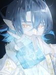  1boy absurdres arknights blue_hair covered_mouth crossed_bangs dark_background freckles hair_between_eyes hand_up highres holding holding_cube jewelry looking_at_viewer lumen_(arknights) male_focus orange_eyes pointy_ears portrait shinonoi_kekki shirt short_hair solo 