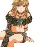  1boy arm_support bare_shoulders black_skin blue_eyes brown_skirt closed_mouth colored_skin highres jewelry link looking_at_viewer male_focus mochi_(not_not_bread) nail_polish navel necklace pointy_ears simple_background sitting skirt solo stomach the_legend_of_zelda the_legend_of_zelda:_tears_of_the_kingdom white_background yellow_nails 