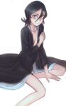  1girl black_hair black_kimono bleach breasts grey_hair hair_between_eyes highres japanese_clothes kimono kuchiki_rukia medium_hair season_(artist) small_breasts solo white_background 