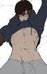  1boy abs absurdres biting biting_clothes brown_eyes brown_hair clothes_lift facial_hair gregor_(limbus_company) highres hood hoodie limbus_company male_focus nipples ouc pants project_moon shirt_lift solo stubble sweatpants torso upper_body 