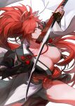  1girl amputee baiken big_hair black_kimono breasts cleavage danhu eyepatch from_above fundoshi guilty_gear guilty_gear_strive highres holding holding_sword holding_weapon huge_breasts japanese_clothes kataginu katana kimono multicolored_clothes multicolored_kimono one-eyed open_clothes open_kimono red_eyes red_hair red_rope rope samurai scar scar_across_eye scar_on_face sheath signature solo sword weapon white_background 