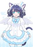  1girl angel_wings animal_ears black_hair blue_dress blue_eyes blue_thighhighs cat_ears cat_girl cat_tail cyan_(show_by_rock!!) dress fangs highres long_sleeves looking_at_viewer mel6969 multicolored_clothes multicolored_dress multicolored_thighhighs open_mouth short_hair show_by_rock!! smile solo tail thighhighs wavy_hair white_dress white_thighhighs wings 
