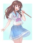  1777_kaki aqua_background blue_skirt border brown_hair commentary_request cowboy_shot hibike!_euphonium inoue_junna kitauji_high_school_uniform long_hair midriff_peek neckerchief open_mouth pink_neckerchief pleated_skirt purple_eyes sailor_collar school_uniform serafuku short_sleeves sidelocks skirt stick white_border white_serafuku 