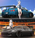  2girls absurdres alternate_costume alternate_hairstyle animal_ear_fluff animal_ears ass back backless_outfit bag bare_arms bare_legs bare_shoulders black_car black_halo black_leotard black_one-piece_swimsuit blue_archive blue_car blue_eyes blue_halo blue_one-piece_swimsuit blue_sky blurry blurry_background blush breasts broken_halo car cloud commentary competition_swimsuit covered_navel cross cross_hair_ornament day dual_persona duffel_bag earrings extra_ears fake_animal_ears fake_tail from_behind grey_hair hair_between_eyes hair_ornament halo highres inverted_cross jewelry legs lens_flare leotard license_plate long_hair looking_at_viewer looking_back low_ponytail masabodo mismatched_pupils motor_vehicle multiple_girls nape nissan nissan_gt-r official_alternate_costume one-piece_swimsuit outdoors parted_lips ponytail rabbit_ears rabbit_tail sandals shiroko_(blue_archive) shiroko_(swimsuit)_(blue_archive) shiroko_terror_(blue_archive) sitting_on_car sky small_breasts solo spoiler_(automobile) sports_car standing strapless strapless_leotard stud_earrings swimsuit symbol-only_commentary tail thighs tire two-tone_swimsuit vehicle_focus vehicle_request very_long_hair white_wrist_cuffs wolf_ears 