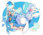  2girls aqua_hair armpits arms_up ball barefoot beachball blue_eyes crossover hat hatsune_miku highres jewelry kawasaki_(kwsk_8765) long_hair mermaid monster_girl multiple_girls necklace open_mouth pearl_necklace poke_ball pokemon primarina project_voltage simple_background smile star_(symbol) swimsuit tan very_long_hair vocaloid 