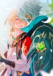  2boys absurdres alhaitham_(genshin_impact) antenna_hair black_gloves blonde_hair blue_sky blurry blurry_foreground blush cape commentary_request day earrings eyelashes gao_70 genshin_impact gloves gold_trim green_cape grey_hair hair_between_eyes hand_up highres jewelry kaveh_(genshin_impact) light_particles long_hair long_sleeves looking_at_another male_focus multiple_boys open_mouth outdoors red_cape red_eyes shirt short_hair shoulder_cape sidelocks sky vision_(genshin_impact) white_shirt yaoi 