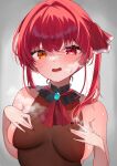  1girl bare_shoulders blush breasts hair_ribbon heterochromia highres hololive houshou_marine large_breasts long_hair looking_at_viewer open_mouth red_eyes red_hair red_ribbon ribbon suiso_kurage_(user_ncer3537) twintails virtual_youtuber yellow_eyes 