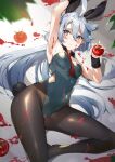  1girl ahoge alternate_costume animal_ears arm_up armpits blurry breasts clothing_cutout covered_navel depth_of_field fake_animal_ears food food_on_body food_on_clothes food_on_face fruit grey_hair gundam gundam_suisei_no_majo highleg highleg_leotard highres holding holding_food holding_fruit kasumi_komo leotard long_hair lying miorine_rembran on_side pantyhose parted_lips playboy_bunny purple_eyes rabbit_ears rabbit_tail small_breasts solo tail tomato tomato_sauce very_long_hair wide_hips 