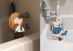  ._. animal_costume bathroom bathtub blonde_hair blue_hair blue_hoodie blunt_bangs brown_skirt chibi commentary drawstring english_commentary faucet fins fish_tail gawr_gura gawr_gura_(1st_costume) hair_ornament highres hololive hololive_english hood hood_down hoodie looking_up multicolored_hair necktie photo_background shark_costume shark_hair_ornament shark_tail sharp_teeth shirt short_hair skirt soap_bottle streaked_hair tail teeth tongue tongue_out torororose two_side_up virtual_youtuber watson_amelia watson_amelia_(1st_costume) white_hair white_shirt 