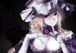  1girl absurdres black_background blonde_hair breasts cleavage commentary elbow_gloves gloves hair_between_eyes hat highres large_breasts looking_at_viewer mob_cap parted_lips purple_eyes simple_background smile t_terano touhou upper_body white_gloves white_headwear yakumo_yukari 