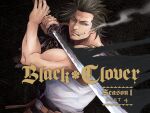  1boy biceps black_bulls_(emblem) black_capelet black_clover black_fire black_hair capelet cigarette cover dvd_cover fire flaming_sword flaming_weapon frown goatee_stubble hands_up highres holding holding_sword holding_weapon katana long_sideburns looking_at_viewer male_focus mature_male mustache_stubble official_art serious short_hair sideburns sideburns_stubble smoking solo spiked_hair sword tabata_yuuki tank_top torn_capelet upper_body weapon white_tank_top wrinkled_skin yami_sukehiro 
