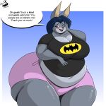  anthro artist_logo batman_(series) belly big_belly big_breasts big_butt black_clothing black_shirt black_t-shirt black_topwear blue_background blue_eyes blue_hair blush border bottomwear breasts butt chrisandcompany cleavage clothed clothing collarbone dc_comics dialogue digital_drawing_(artwork) digital_media_(artwork) english_text fannie_(chrisandcompany) female fur gradient_background grey_body grey_fur hair hand_on_cheek hi_res huge_breasts huge_butt lagomorph leporid logo mammal midriff navel overweight overweight_anthro overweight_female pink_bottomwear pink_clothing pink_shorts print_clothing print_shirt print_t-shirt print_topwear rabbit shirt shorts simple_background smile solo speech_bubble t-shirt text thick_thighs topwear watermark white_border wide_hips 