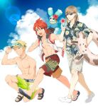  3boys bare_shoulders blonde_hair blue_eyes braid brown_hair collarbone collared_shirt creature cup drinking_glass drinking_straw drinking_straw_in_mouth floating floral_print full_body green_eyes guy_cecil hair_over_shoulder hand_on_headwear highres holding holding_cup holding_innertube innertube jade_curtiss jewelry long_hair luke_fon_fabre male_focus mieu_(tales) multiple_boys muscular muscular_male necklace on_one_knee open_mouth parted_lips print_shirt red_hair running sandals shirt short_hair short_sleeves shorts shuragyoku_mami single_braid smile summer sunglasses swimsuit tales_of_(series) tales_of_the_abyss toned toned_male topless_male walking white_footwear 