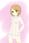  1girl aran_sweater breasts brown_eyes brown_hair cable_knit closed_mouth commentary_request dress feet_out_of_frame hand_on_own_hip highres i.u.y kinuhata_saiai light_blush long_sleeves looking_at_viewer pink_background short_dress short_hair small_breasts smile solo sweater sweater_dress thighs toaru_majutsu_no_index white_dress white_sweater 