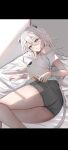  1girl animal_ears bare_legs black_eyes black_nails blush breasts commentary ear_piercing feet_out_of_frame grey_hair grey_shorts hair_between_eyes highres hololive large_breasts letterboxed lion_ears lion_girl lion_tail long_hair looking_at_viewer lying nail nerorigogo off-shoulder_shirt off_shoulder official_alternate_costume on_bed on_side parted_lips piercing shirt shishiro_botan shishiro_botan_(4th_costume) short_shorts short_sleeves shorts sideboob single_bare_shoulder solo tail thighs upshirt virtual_youtuber white_shirt 