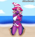  2022 aidan_kresnik barefoot beach big_breasts blush breasts cleavage_cutout clothing feet female hair hair_over_eye hand_behind_back hat headgear headwear hi_res humanoid kneeling looking_at_viewer mario_bros midriff navel nintendo not_furry one_eye_obstructed paper_mario paper_mario:_the_thousand_year_door pink_hair purple_body sand seashore seaside shadow_humanoid shadow_siren short_hair signature smile smiling_at_viewer solo spirit swimwear vivian_(mario) witch_hat yellow_eyes 