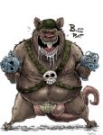  2023 anthro armor balls belly big_balls big_belly bodily_fluids clothing drooling genitals headgear helmet hi_res jwbalsley male mammal moobs murid murine nipples overweight overweight_male rat rodent saliva solo underwear weapon 