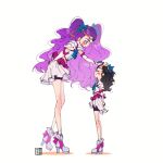  2girls artist_logo bike_shorts bike_shorts_under_skirt black_hair blush boots closed_eyes commentary_request cosplay earrings eyelashes flower hair_flower hair_ornament happy high_heel_boots high_heels highres jewelry long_hair looking_at_another magical_girl midriff milk_(yes!_precure_5) milky_rose milky_rose_(cosplay) mimino_kurumi multiple_girls precure purple_eyes purple_hair shorts shorts_under_skirt simple_background skirt smile standing tete_a tiara twintails white_background yes!_precure_5 yes!_precure_5_gogo! 