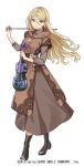  1girl black_footwear blonde_hair boots bow_(music) brown_dress copyright dress full_body holding holding_instrument instrument long_hair macco purple_eyes simple_background solo violin warau_ars_notoria white_background 