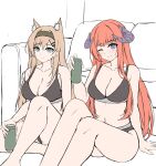  2girls ;) absurdres animal_ear_fluff animal_ears arknights bagpipe_(arknights) bare_arms bare_legs bare_shoulders barefoot black_bra black_panties blue_eyes bra breasts brown_hair brown_hairband can cleavage closed_mouth commentary_request couch daisy_cutter feet_out_of_frame hair_ornament hairband hairclip highres holding holding_can horn_(arknights) horns knees_up korean_commentary medium_breasts multiple_girls one_eye_closed orange_hair panties purple_eyes sitting smile underwear underwear_only 