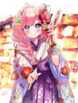  1girl absurdres ahoge arrow_(projectile) blue_eyes blush braid floral_print_kimono flower front_braid fur_scarf hair_flower hair_ornament hamaya highres indie_virtual_youtuber japanese_clothes kimono long_hair new_year pink_hair red_flower single_braid smile umitsuki_shell virtual_youtuber wide_sleeves yobi_(yobiyobi4) 