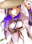  1girl asu_kun bare_legs black_hair blush breasts brown_eyes brown_hair hair_ornament hat holding holding_staff hong_jing_(wo_long) large_breasts long_hair looking_at_viewer scarf sketch smile solo staff straw_hat thighs wo_long:_fallen_dynasty zooming_in 