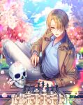  1boy belt black_belt blonde_hair blue_shirt board_game brown_jacket carpet cherry_blossoms chess chess_piece chessboard collared_shirt copyright day falling_petals feet_out_of_frame flower grass hair_over_one_eye herbert_(sid_story) holding holding_chess_piece jacket lens_flare looking_at_viewer male_focus official_art open_clothes open_collar open_jacket outdoors pants parted_lips petals pink_flower shirt sid_story sila_(carpen) sitting skull solo white_pants yellow_eyes 