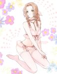  1girl aerith_gainsborough ancotsubu artist_name bare_arms bare_shoulders bra braid braided_ponytail breasts brown_hair choker cleavage commentary_request final_fantasy final_fantasy_vii final_fantasy_vii_remake floral_background flower_choker full_body garter_straps green_eyes hair_ribbon kneeling light_blush lingerie medium_breasts midriff navel no_shoes panties parted_bangs pink_bra pink_panties pink_ribbon pink_thighhighs ribbon sidelocks single_braid solo thighhighs twitter_username underwear v_arms 
