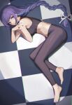  1girl absurdres ass bare_shoulders barefoot blue_hair blunt_bangs blush braid breasts checkered_floor commentary_request dolri feet genshin_impact highres legs long_hair looking_at_viewer lying midriff multicolored_hair nail_polish navel on_side pants purple_eyes purple_hair purple_nails raiden_shogun solo streaked_hair toenail_polish toenails toes very_long_hair yoga_pants 